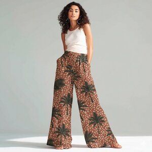 True Destinations Flare Pants Beach Coverup Wide Leg Tropical Palm Trees Small